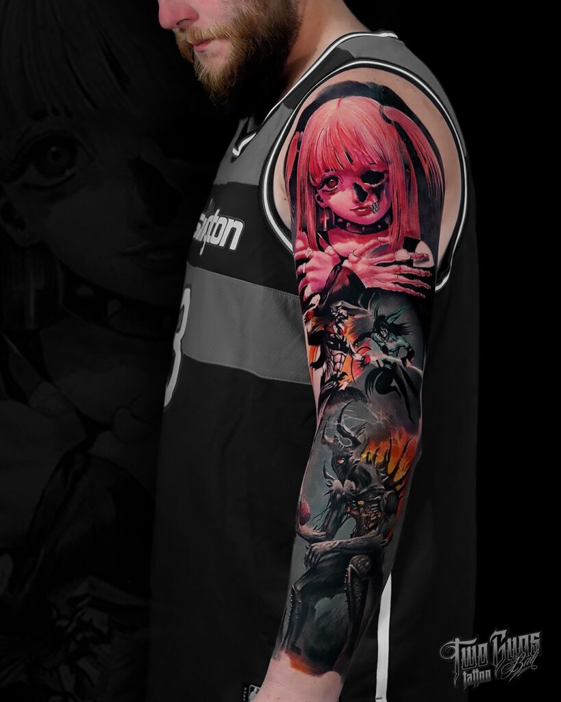Colour realism full arm sleeve tattooed at Two Guns Tattoo Bali in Legian, Bali